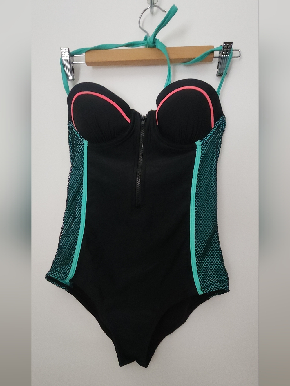 OP Black One-Piece Swimsuit with Teal Panels & Pink Trim